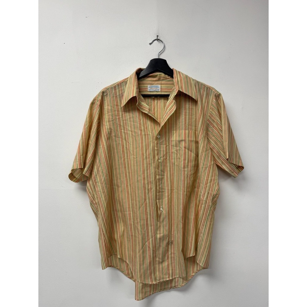 Vintage Manhattan Shirt Large Beige Stripe Short Sleeve Dura Brite Torque 70s‎